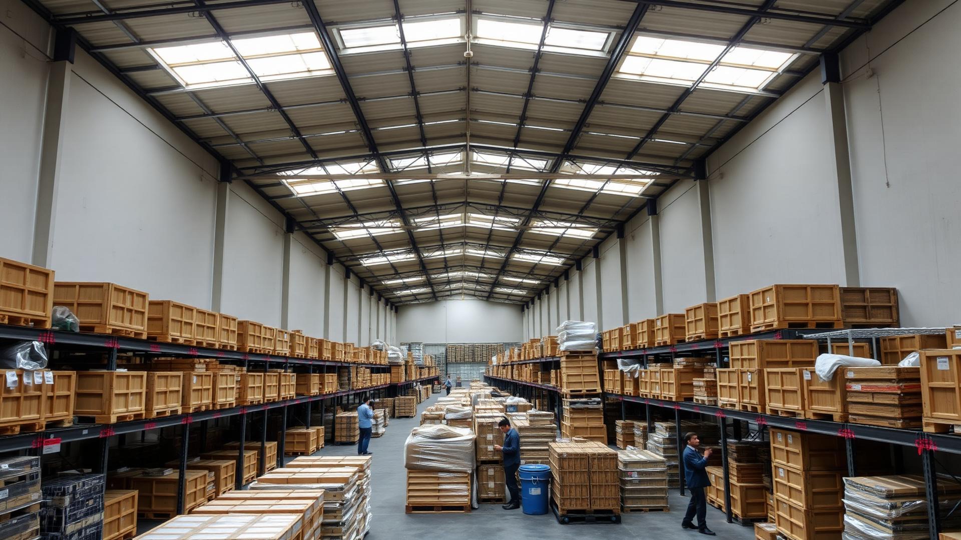 Interior of Toshitaa export warehouse with organised crates and shipments