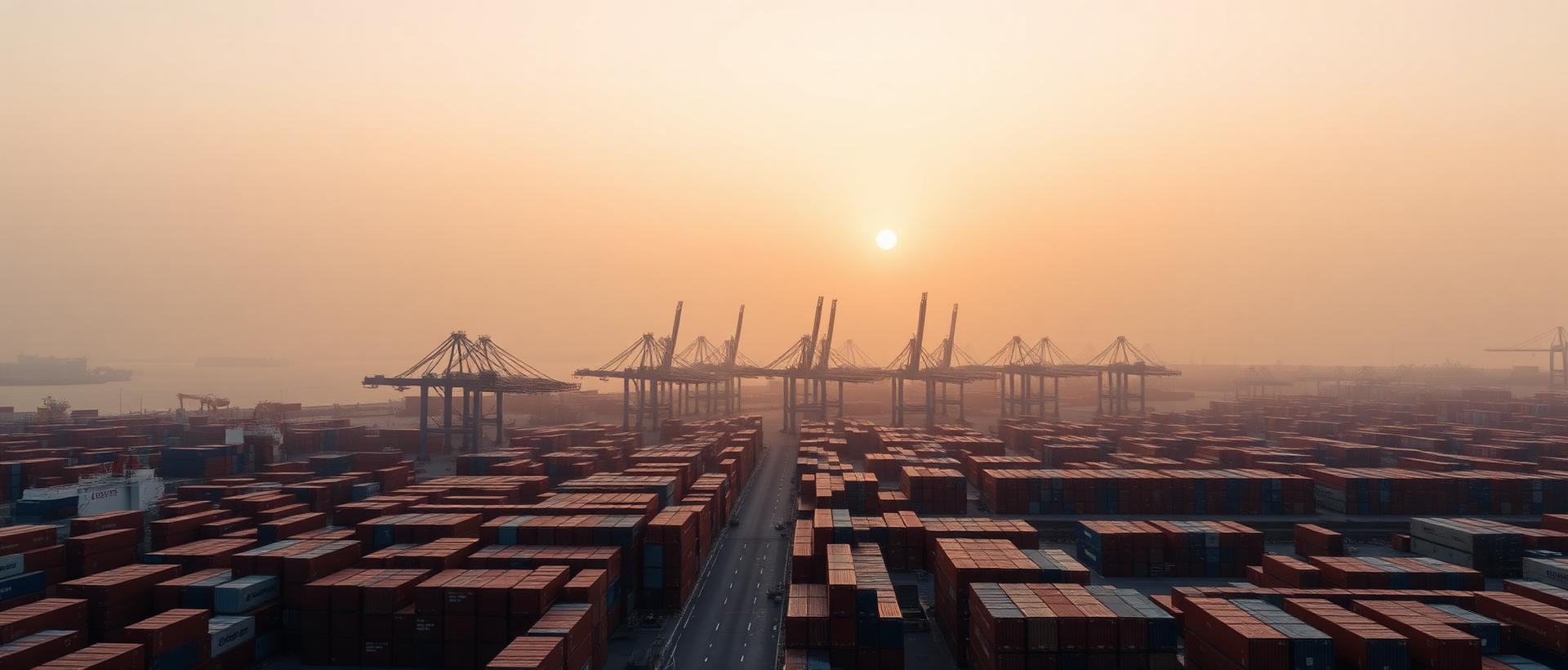 International cargo shipping terminal at sunrise with stacked containers
